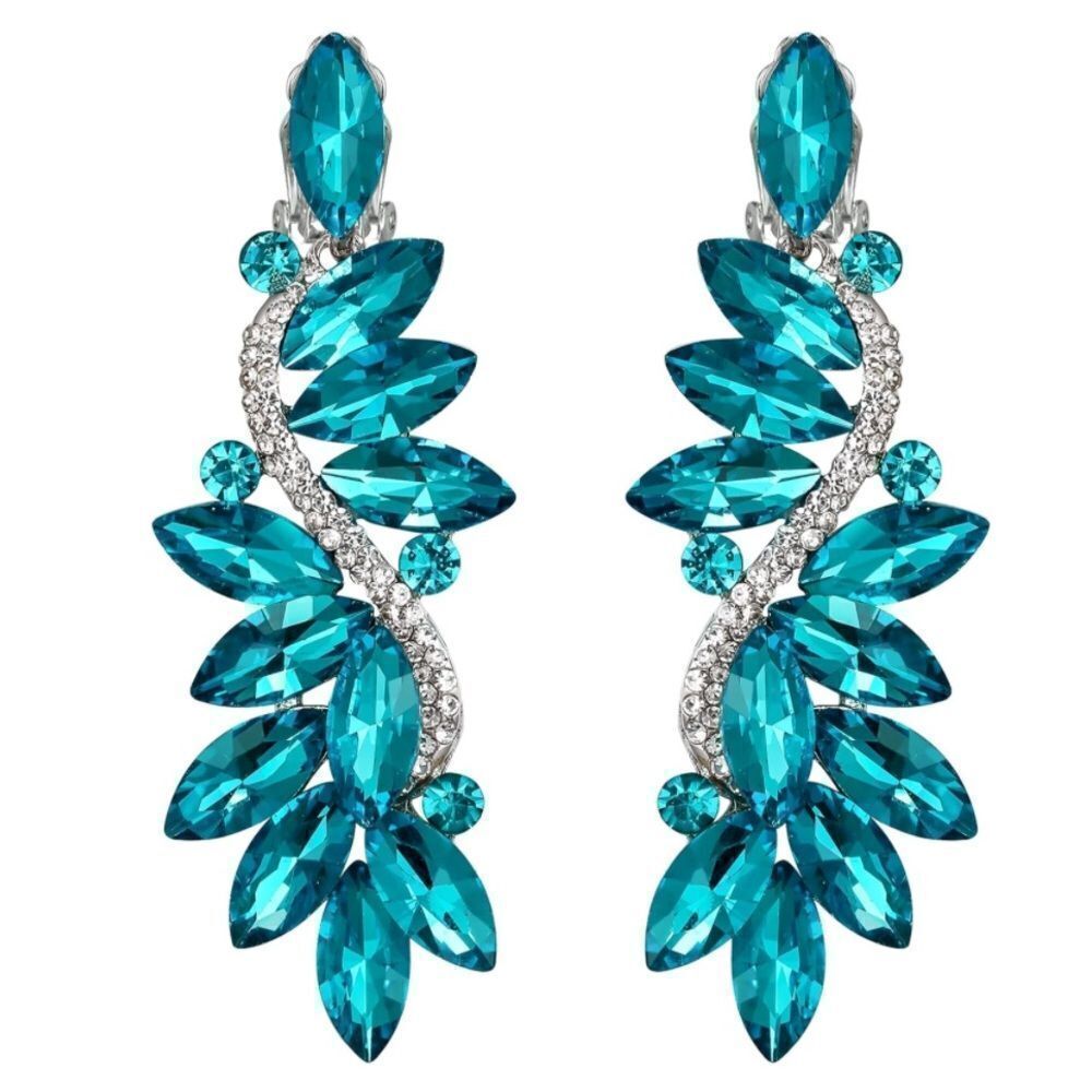 Silver with Aquamarine and Diamond Austrian Crystal Clip On Chandelier Earrings